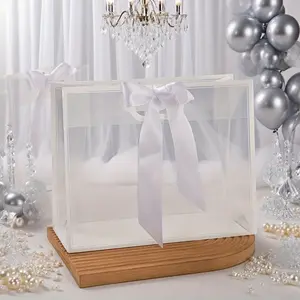 2pcs White Ribbon Handle Clear Gift Bag | Reusable, Durable, Sturdy Handle, Elegant Presentation | Weddings, Birthdays, Christmas, Easter, Mother's Day, Party, Celebration | Clear Gift Bag (Sac cadeau transparent)