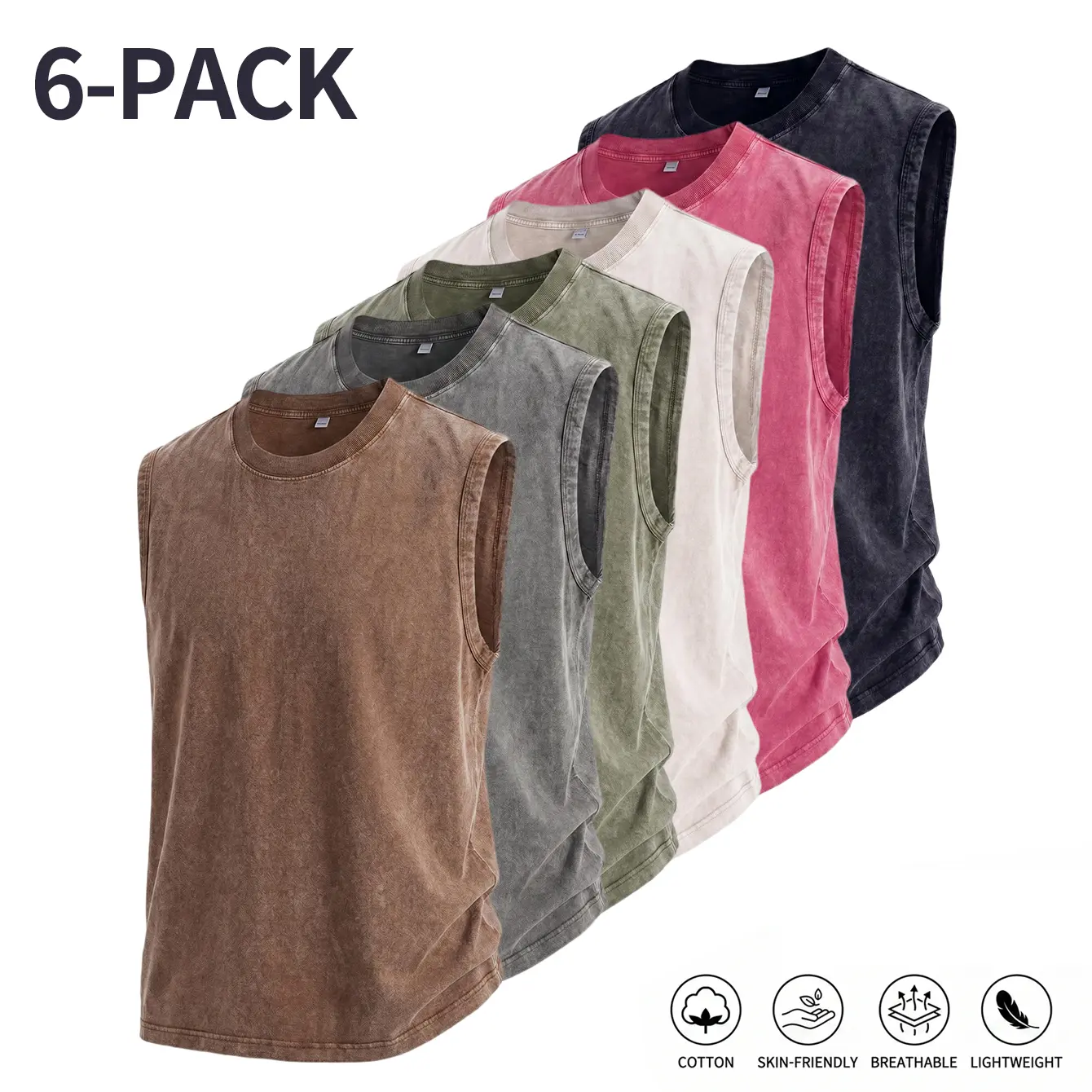 Men's Distressed Pure Cotton Oversized Tank Top - Casual Tank Tops, Crew Neck Vintage Wash Plain Sleeveless T-Shirt, Baggy Loose-Fit, Machine Washable, Foldable, Casual Athletic Menswear Vest