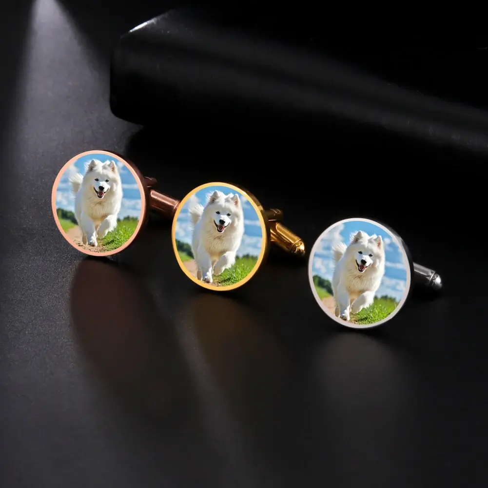 Cazador Customized 2 Pcs Print Pictures Logo Men's Cufflinks with Wood Box Stainless Steel Cufflinks for Suit Shirt Wedding Gift