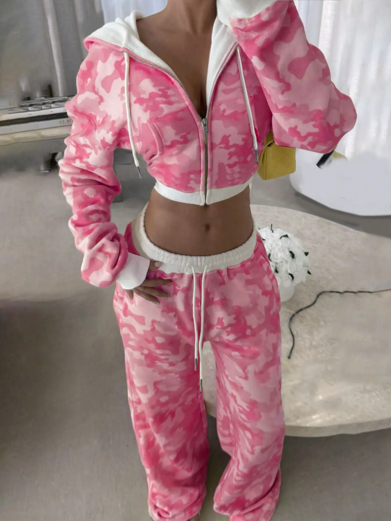 Women's Fashion Set, Digital Print Camouflage Hooded Long Sleeve Short Jacket, Street Style Casual Two-Piece, Zipper Sweatshirt and Pants, Home and Outdoors Wear, Baggy, Loose