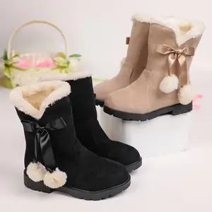 Cute Winter Boots Girls Soft Lining Mid Calf Warmth Lace Hat Christmas Dress Wearing Synthetics Black & Beige