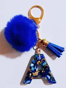 Women's Blue Faux Fur Letter Keychain, A-Z Initial Charm Pendant, Resin Stone Gold Foil Capital Letters, Elegant Gift for Women, Handmade Keychain, Keychain Jewelry