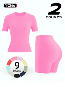 Women's Spring Summer Sports Fitness Slim Fit Comfortable Shorts Sleeve Set, Casual Gym Wear, Breathable Workout