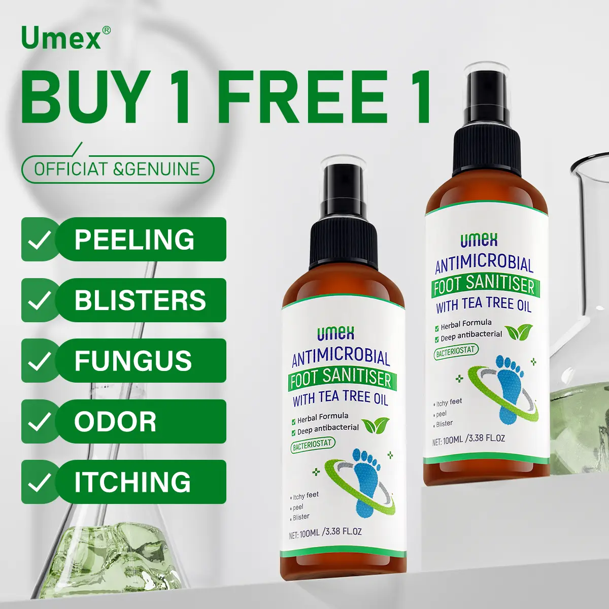Umex Buy One Get One Free – Tea Tree Foot Spray for Odor & Dry Heels | Soothes & Repairs Cracked Skin | Fast-Absorbing 100ml | Aloe Vera & Natural Formula Moisturizing Foot Care Summervibes