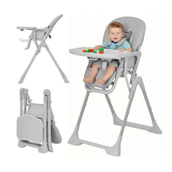 Convertible High Chair for Babies - Gray Baby Furniture, Portable Toddler Chair with Adjustable Height, 2-Level Adjustable Backrest, 3-Level Front-Back Adjustment, Removable Tray, Fast-Folding Design, Built-In Invisible Wheels, Adjustable Seat