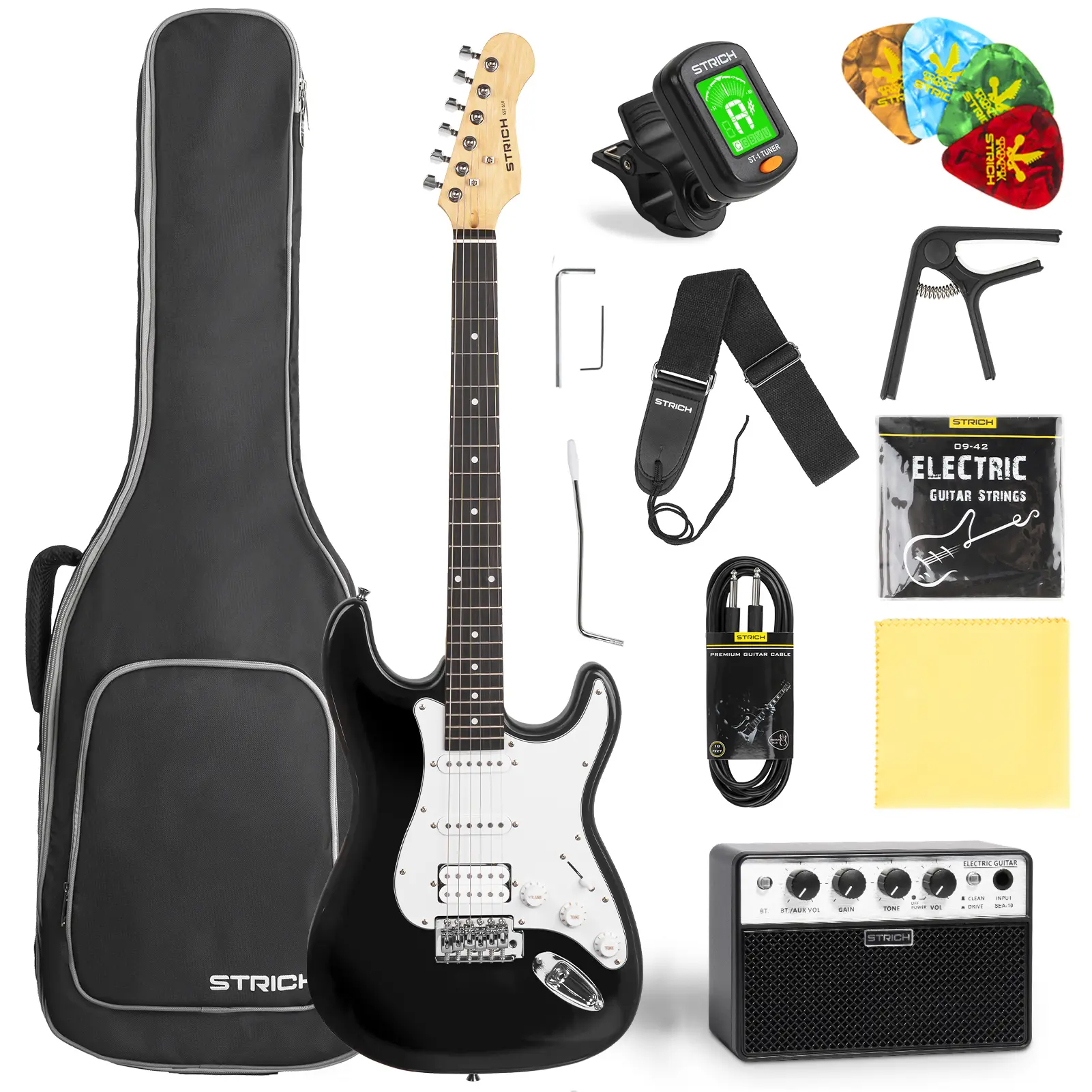 STRICH 39" Solid Body HSS Pickup Electric Guitar Beginner Kit - 10W Amplifier, Bag, Tuner, Capo, Strap, Strings, Cable, Picks (Model SST-S20, Black) | Fathersday Gift, Fathersdaygift