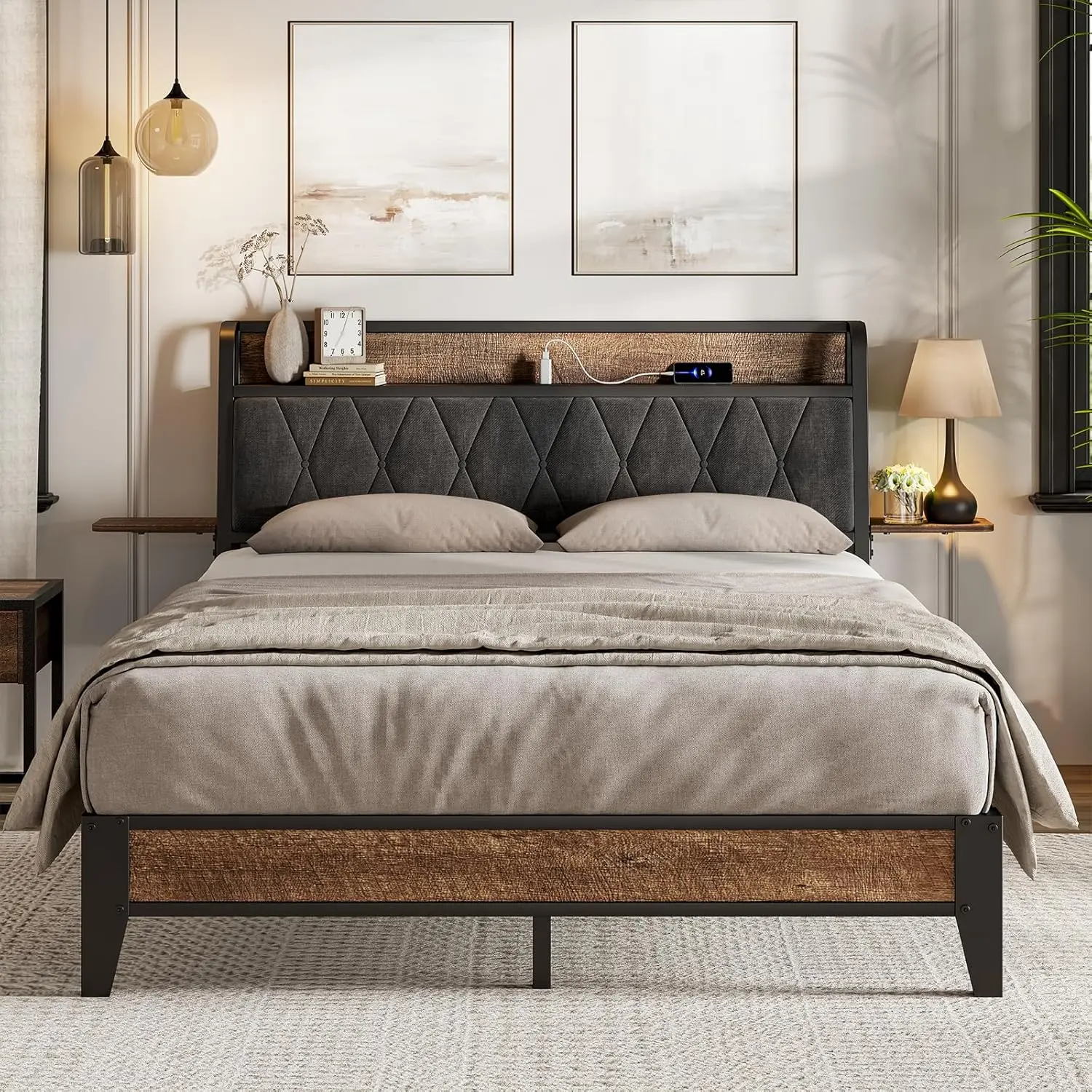 【SummerFinds】ONBRILL Bed Frame - Queen & King Size Options, Modern Heavy-Duty Metal Platform with Side Storage Shelves, Comfy Storage Headboard with Built-in Charging Station, No Box Spring Needed, Easy Assembly, Apartment Furniture, Built-In Charging Sta
