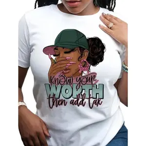 Women's Cotton Empowering Tee "Know Your Worth Then Add Tax", Stylish Graphic & Embroidery, Breathable Crew Neck Casual Top