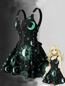 Gothic Casual Aesthetic Star Moon Print Bodycon Statement Dress, Adjustable Straps, Zipper V-Neck, Music Festival, Streetwear Party