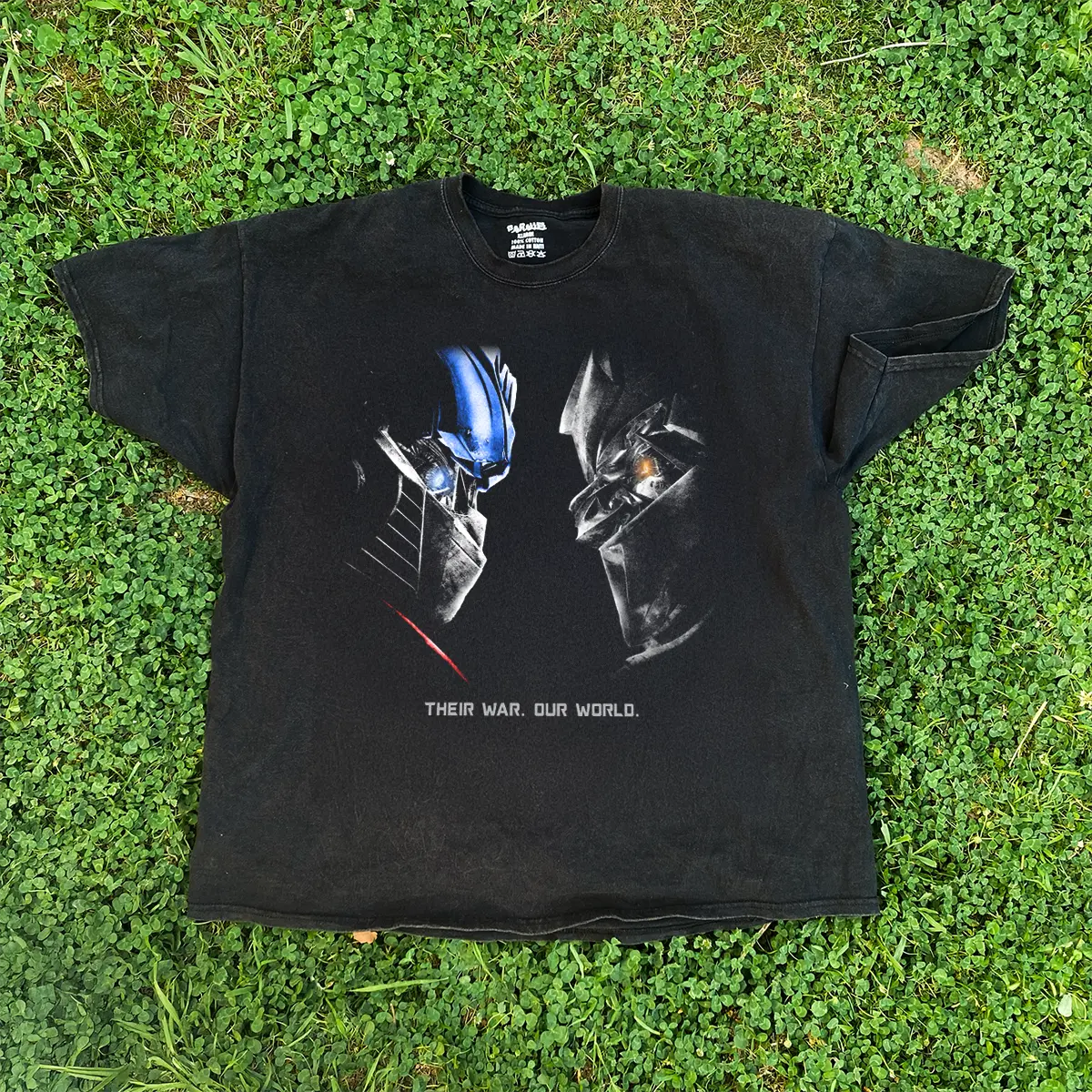 00s Transformers 'Their War. Our World.' Vintage Washed Black Tee Graphic Tee Heavy Cotton Tee Shirt, 100% Heavy Cotton Shirt