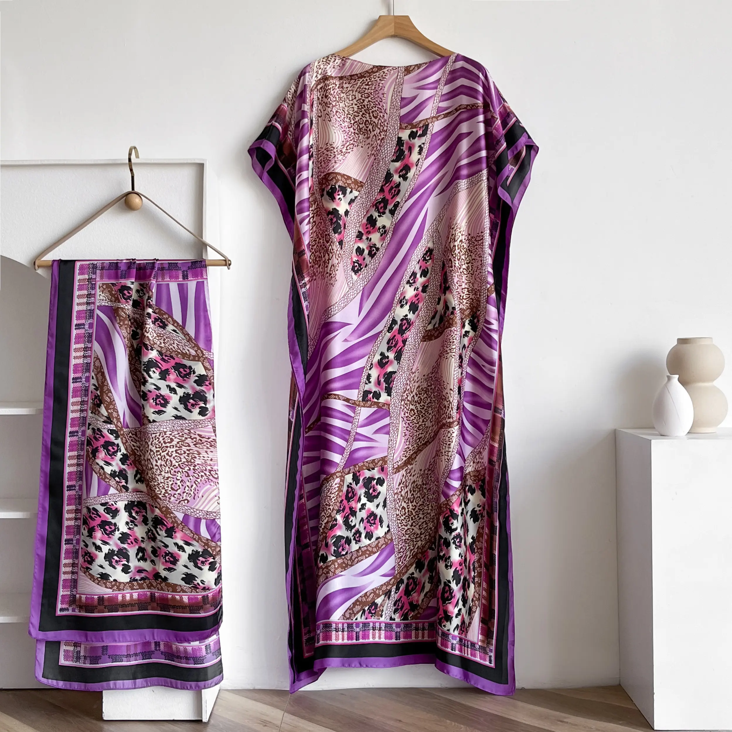Women's Polyester Sleeveless Casual Kaftan Dress & Matching Shawl Set - 1-Size-Fits-Most Ultra Lightweight Swim Cover-Up, Hand Washable Silky Satin with Wide Range of Fashion Prints for Beach, Holiday, Poolside