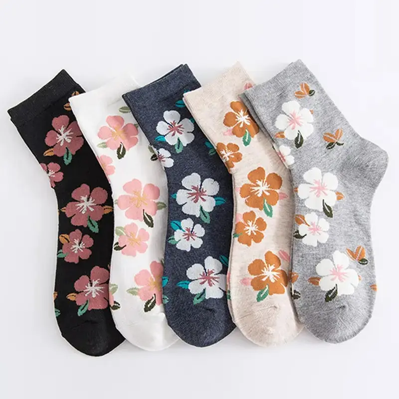 5 Pairs Chic Floral Cotton Socks for Women, Fashion Crew Dress Socks, Elastic All Seasons Birthday Gift Pack, US Size 5-9, Style, Cute, Elastic Fit