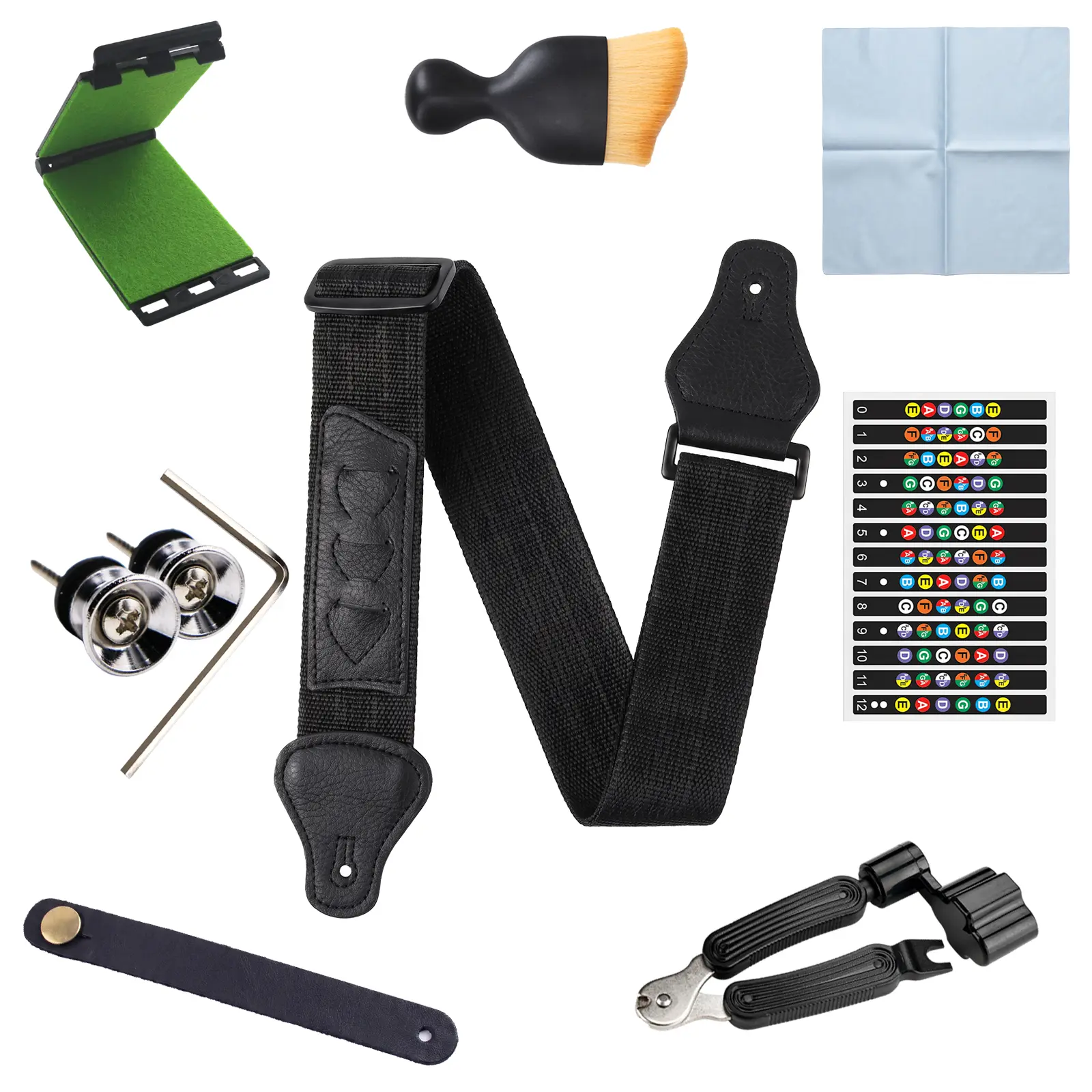 Guitar Accessory Set Adjustable Guitar Strap with Strap Locks, 3-in-1 String Winder, Cleaning Brush, Polishing Cloth & Fretboard Stickers, Ideal for Acoustic Guitar Beginners.