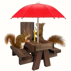 Wooden Squirrel Picnic Table Feeder with Parasol, Durable Squirrel Feeder Corn Cob Stand, Outdoor Feeder