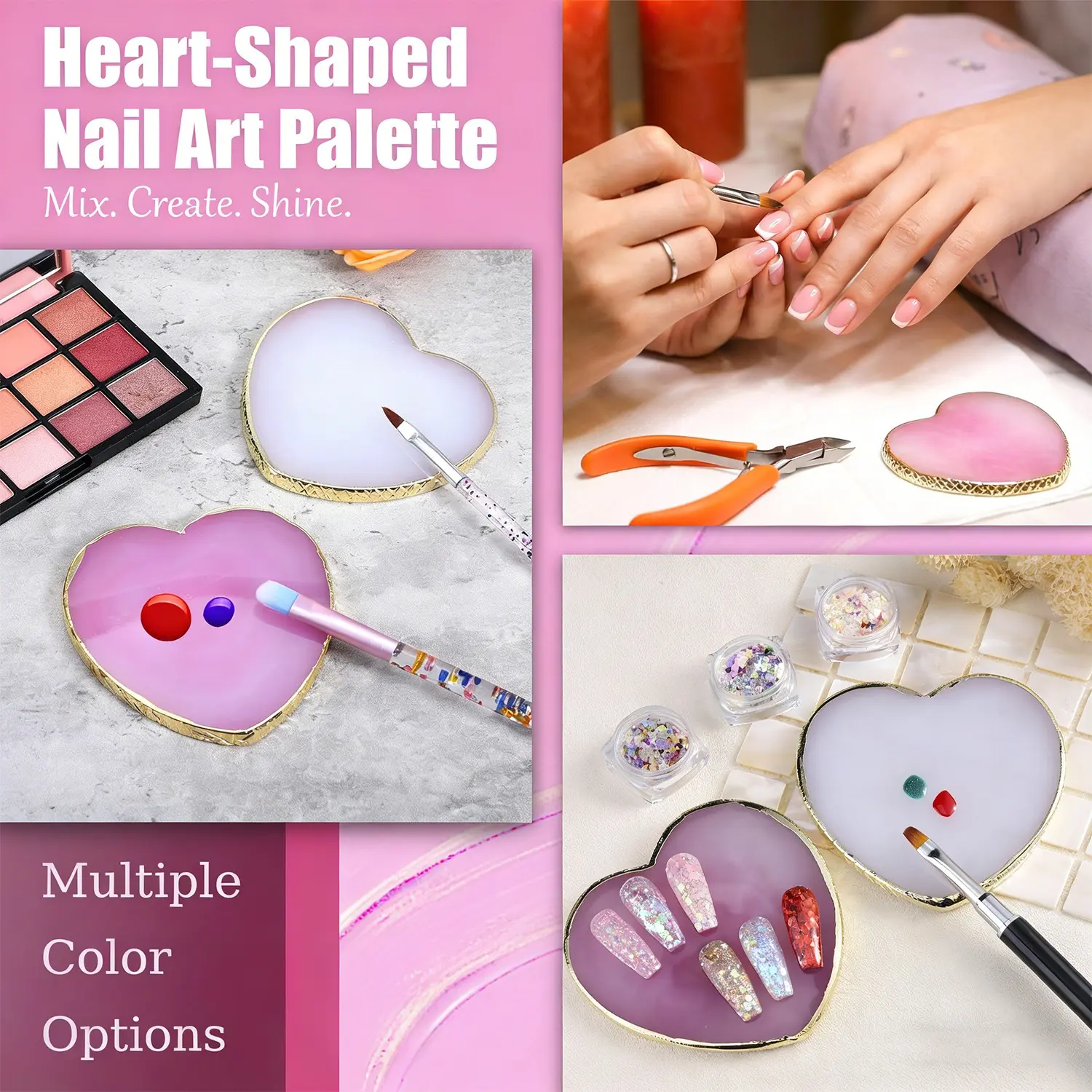 Heart-shaped nail art palette, round and square resin agate pieces, nail painting color mixing plate, nail display board tools, Manicure