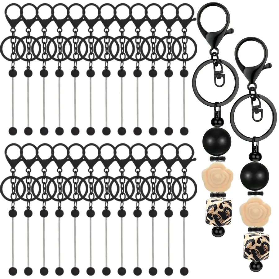 24-piece set of bead keychains, DIY keychain pendant making materials, white and black metal beads blank keychains, suitable for stringing key rings, connecting rods, handmade DIY bead keychains, decorative accessories, bags, pendants and holiday gifts