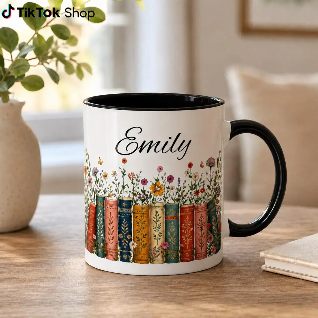 Personalized Colorful Floral Printed Glossy Black Ceramic Book Mug - Custom Name Drinkware for Book Lovers, Ideal Bookworm Gift