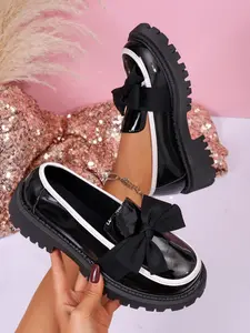 Sweet Cool Bow Thick Sole Women's Loafers, Glossy Patent Leather, Soft Cute Bows, Height Increasing Comfortable Leg Lengthening, Versatile Shoes
