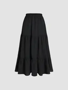 [8 colors, US size 2-26] Solid Elastic Waist Ruffle Hem Tiered Midi Skirt