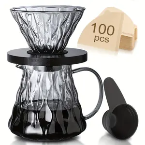 500ml/16oz Pour Over Coffee Maker Set with 100pcs Coffee Filter Paper, Wood Tray Filter Cup, Coffee Measuring Spoon, 1-3 Cup Pour Over 60° Coffee Dripper Set, Heat Resistant Coffee Pot for Home Café Restaurant Camping