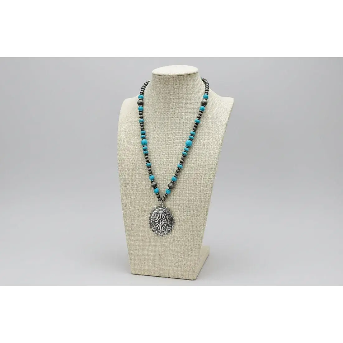 Western Concho Pendant Pearl Necklace with Faux Turquoise — 21 Inch (Pearl Strand with Concho Drop)