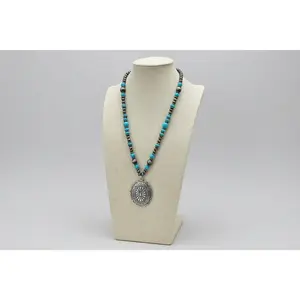 Western Concho Pendant Pearl Necklace with Faux Turquoise — 21 Inch (Pearl Strand with Concho Drop)