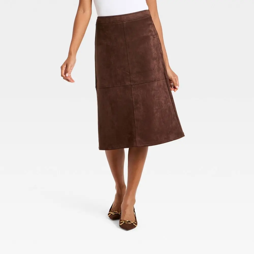 Women's Suede A-Line Midi Skirt - A New Day, Zipper Closure, Spandex-Blended Fabric, Stylish Garment