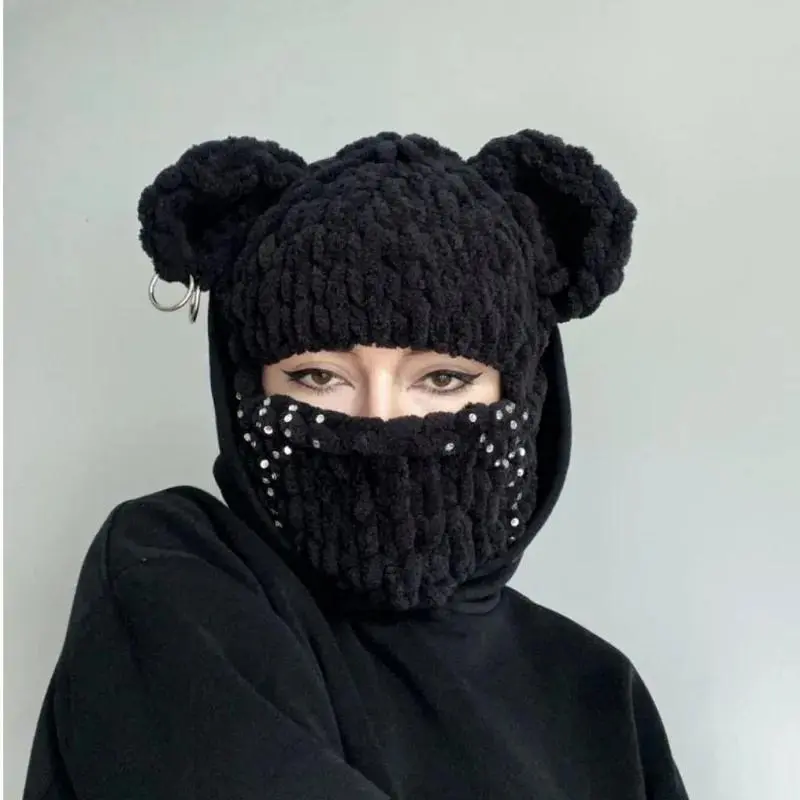 Cozy Novelty Bear Ear Balaclava Beanies Chain Outdoor Ski Winter Hat for Women Ear Protection Knitted Hat ear flap Cute Christmas