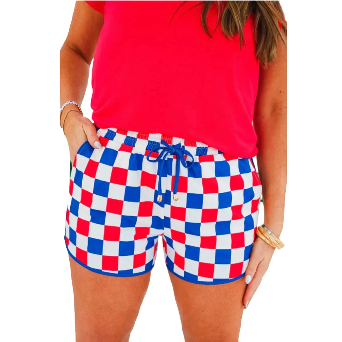 Checkered Bottoms for Women, Loose-Fit Pink Summer Wear with a Soft Feel - Polyester Spandex Women's Clothes, Shorts For Women, Soft, Stretchy Feel
