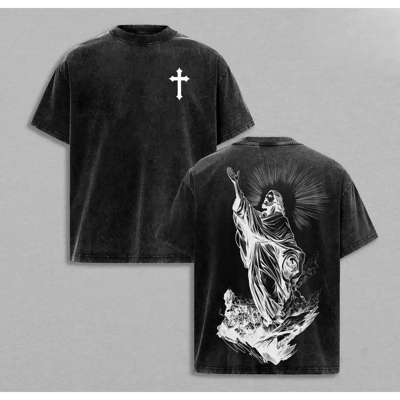 Jesus Christ T-shirt Washed Christian Religious Crewneck Top, Faith and Hope Pattern, Spiritual God Clothing, Gospel Streetwear, Holy Savior, Church, Summer, Streetwear, Whimsical Design, Everyday Wear