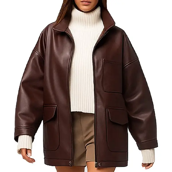 Women's Oversized Leather Jacket – Dark Brown Utility Style with Patch Pockets