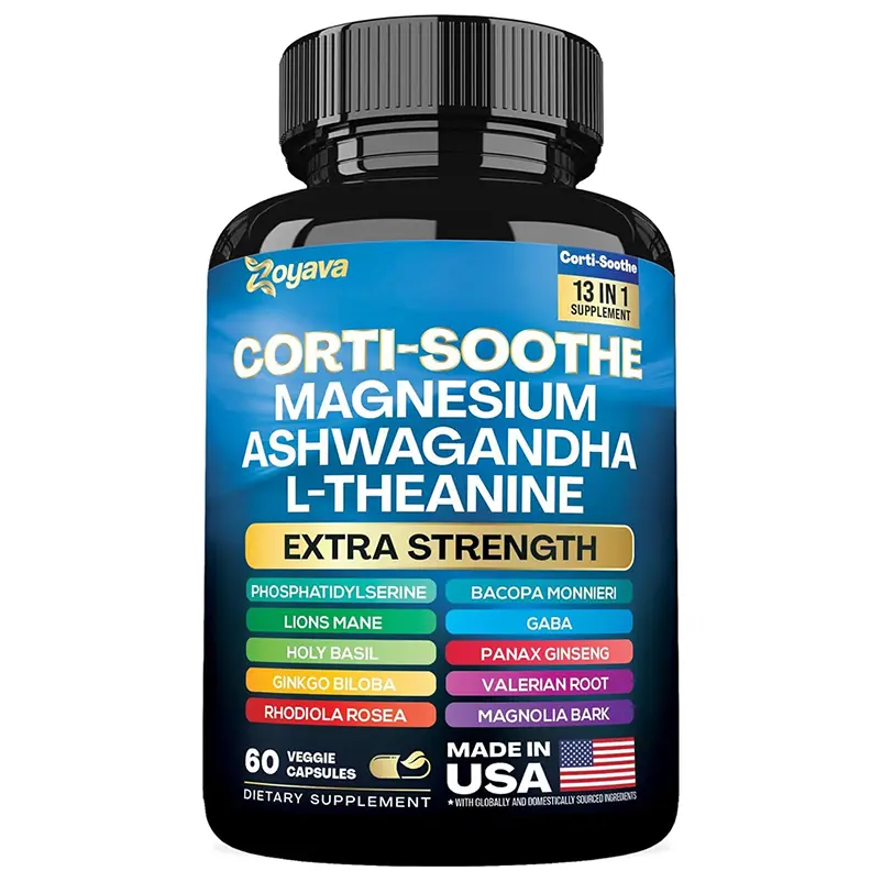 Zoyava Corti-Soothe Cortisol Supplement Magnesium Glycinate 200mg L-Theanine 150mg Ashwagandha 150mg Phosphatidylserine Cortisol Manager Lions Mane Ginkgo Biloba Bacopa Monnieri Valerian Root 60 Caps
