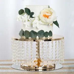 Metal Cake Stand Round Design 14" Dia Metallic Gold with Crystal Chains 8" Tall - Cupcake Dessert Pedestal