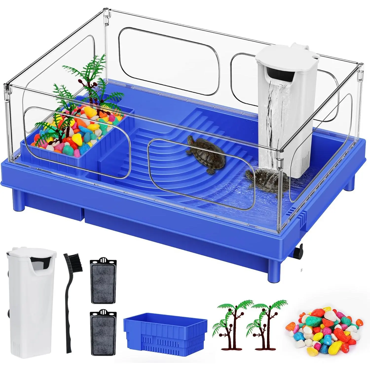 Turtle Tank, Blue Small Turtle Tank Kit, Turtle Aquarium with Filter, Colored Rocks, Brush and Small Plant