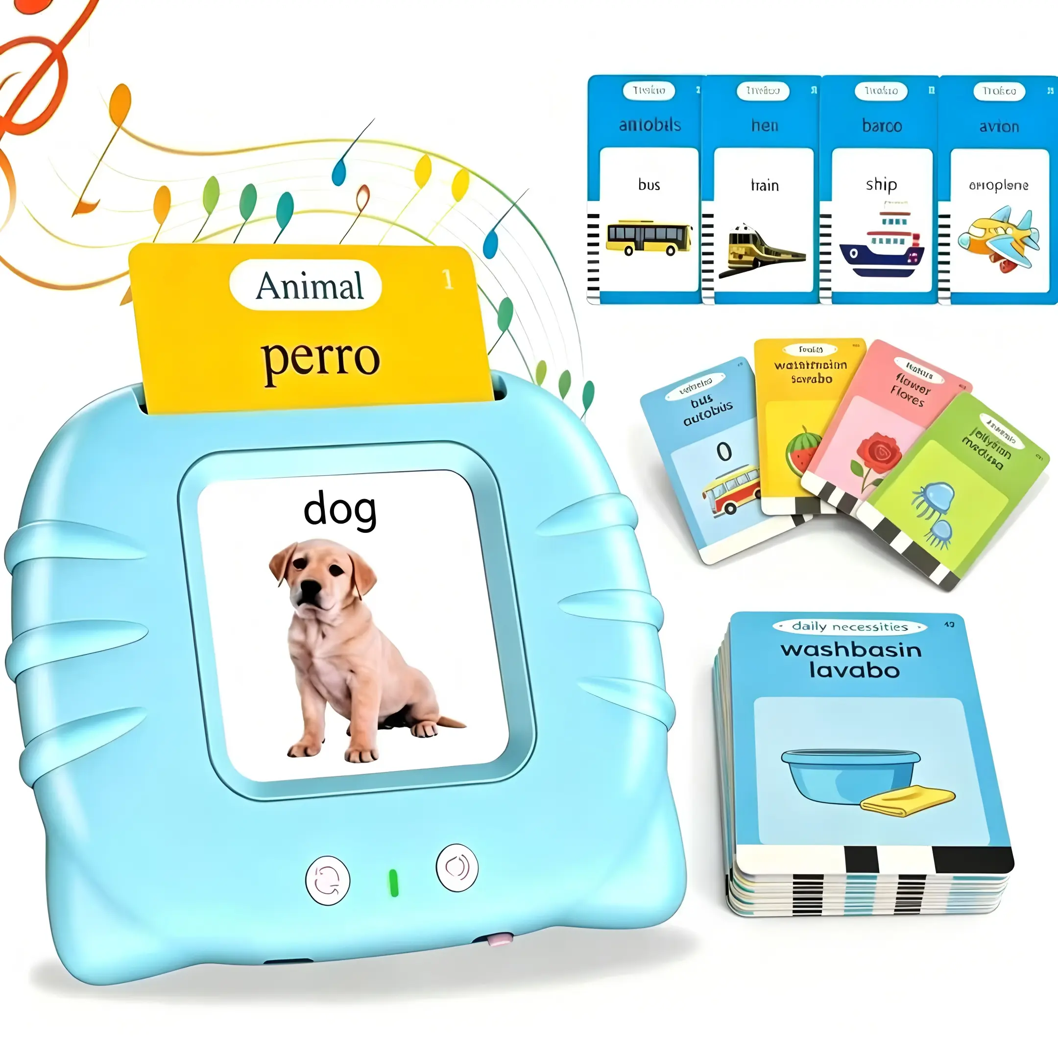 KIDGENIUS English Spanish Bilingual Vocabulary Flash Card Learning Machine, Interactive Early Language Enlightenment Toy, Perfect Learning Companion for Bilingual Families, Great Gift for Boys & Girls