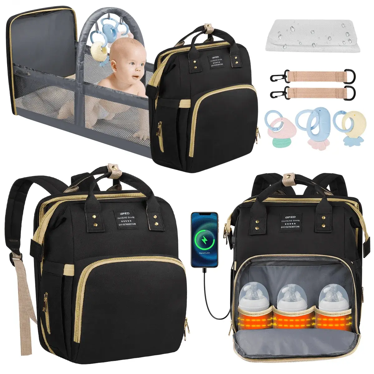 Diaper Bag Backpack, Multifunctional Baby Changing Bag with Foldable Crib &Insulated Milk Bottle Pockets, Large Capacity Portable Travel Backpack with USB Charging Port