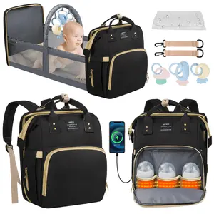 Diaper Bag Backpack, Multifunctional Baby Changing Bag with Foldable Crib &Insulated Milk Bottle Pockets, Large Capacity Portable Travel Backpack with USB Charging Port