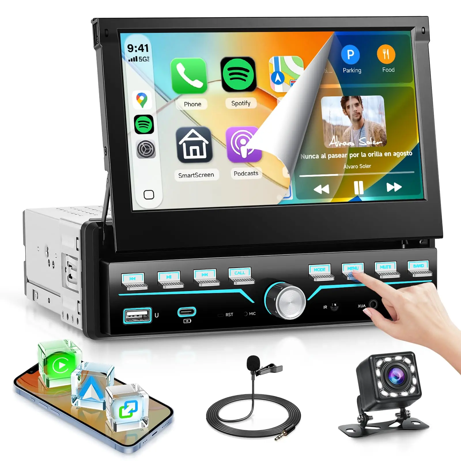HIKITY 7'' Flip Out Screen Single Din Car Stereo with Piano Keys,Wireless CarPlay Android Auto,HD IPS Touchscreen Radio with Bluetooth,FM Radio Car Radio Support USB/Type-C,Mirror Link, Stereo with Camera, vehicle accessory