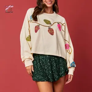 Women’s Loose Sweatshirt with Rhinestones, Christmas Lights String Detail, Drop Shoulders, Long Sleeves – Casual Pullover Top