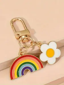 1/20pcs Rainbow Heart Pendant Floral Pattern Keychain Car Key Chains – Vibrant Golden-Tone Metal Accessory with Colorful Striped Rainbow & White Daisy Design for Phones, Cars, and Backpacks