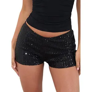 Women’s low-waist summer shorts — elastic waistband with sequins, sexy streetwear club vacation hot pants GARMENTARY