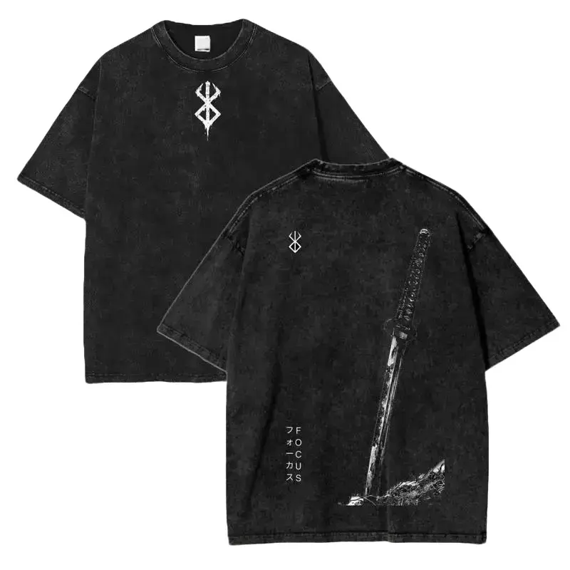 Men's Vintage Acid Wash Berserk Guts Anime Graphic T-Shirt - Oversized, Cozy Loose Fit, Clean Look, Versatile for Multiple Seasons, Ideal for Garment Matching with Jeans, Sturdy Hem