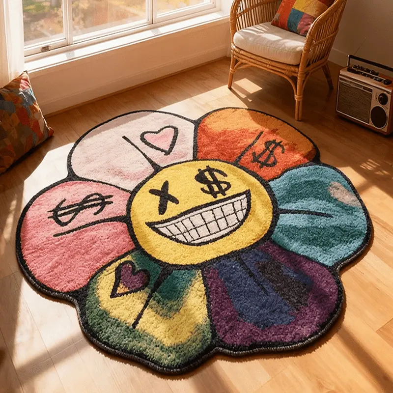 Colorful Irregular Smiling Cartoon Floral Print Flower Rug, Decorative Rug, Modern Creative Fashion Street Art Carpet, Washable Easy Care Plush Mat for Living Room Bedroom Area Rug