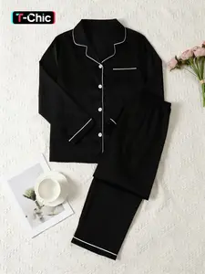Comfortable Valentine's Satin Sleepwear Set, Soft Long Sleeve Button Up Top, Elastic Waist Pants, Casual Wear for Women