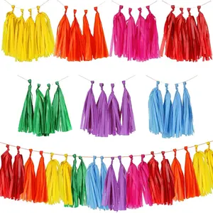 35 count Rainbow Tassel Garland Gay Pride Tissue Paper Tassel Banner DIY Hanging Glitters Multicolor Paper Birthday Party Decorations for Wedding Christmas Marches Events Festival Party Supplies