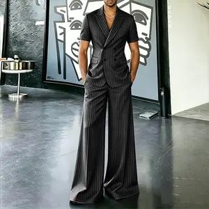 INCERUN Men's Old Money Pinstripe Short Sleeve Blazer and Wide Leg Pants Set Quiet Luxury Suit