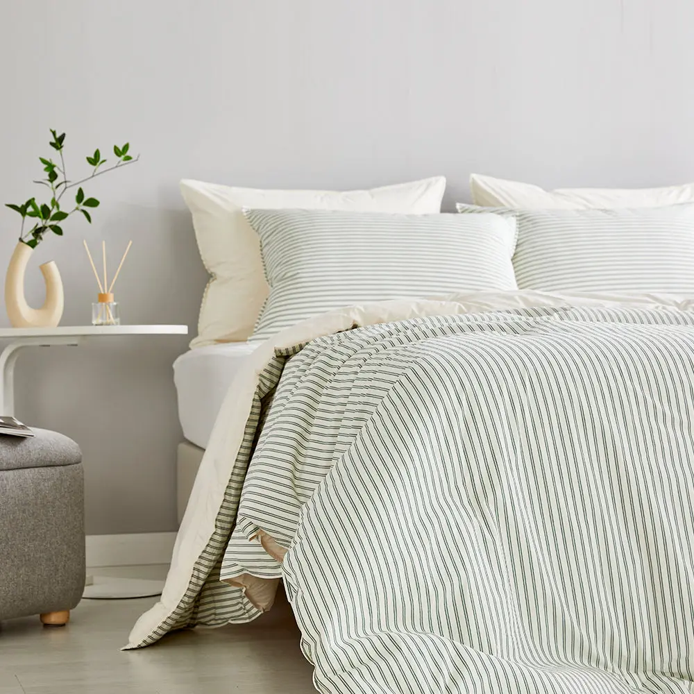 SERO[세로] Stripe Yarn-dyed Percale Comforter Set - Green (Winter)