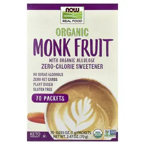 NOW Foods Organic Monk Fruit, Zero-Calorie Sweetener,  70 Packets, 0.035 oz (1 g) Each