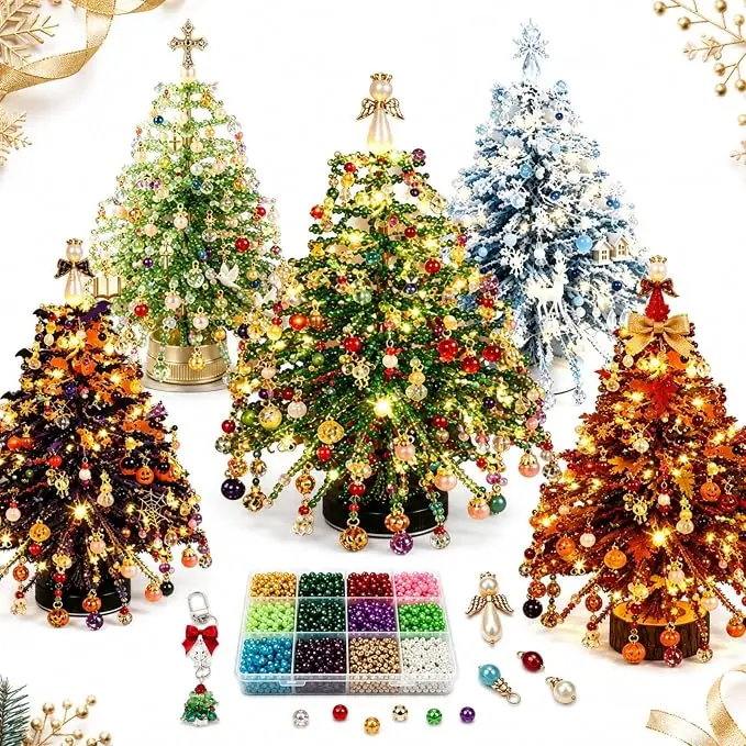DIY Beaded Christmas Tree Kit, （5.5in*5.5in）Crystal Holiday Craft Set for Adults | Colorful Beads, Ornament Charms, Metal Frame, Angel Topper, Warm Glow Display, Tabletop Decor, Relaxing Project, Holiday Gift