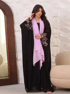 Floral Embroidered Mesh Sleeve Robe with Pale Headscarf, Loose Long Elegant Cardigan, All Seasons Outerwear Embroidery